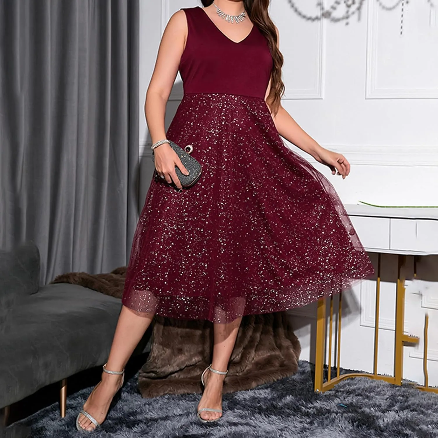 Women Plus Size Dress Sequins V-Neck Sleeveless Midi Dress Summer Fashion Casual Dress