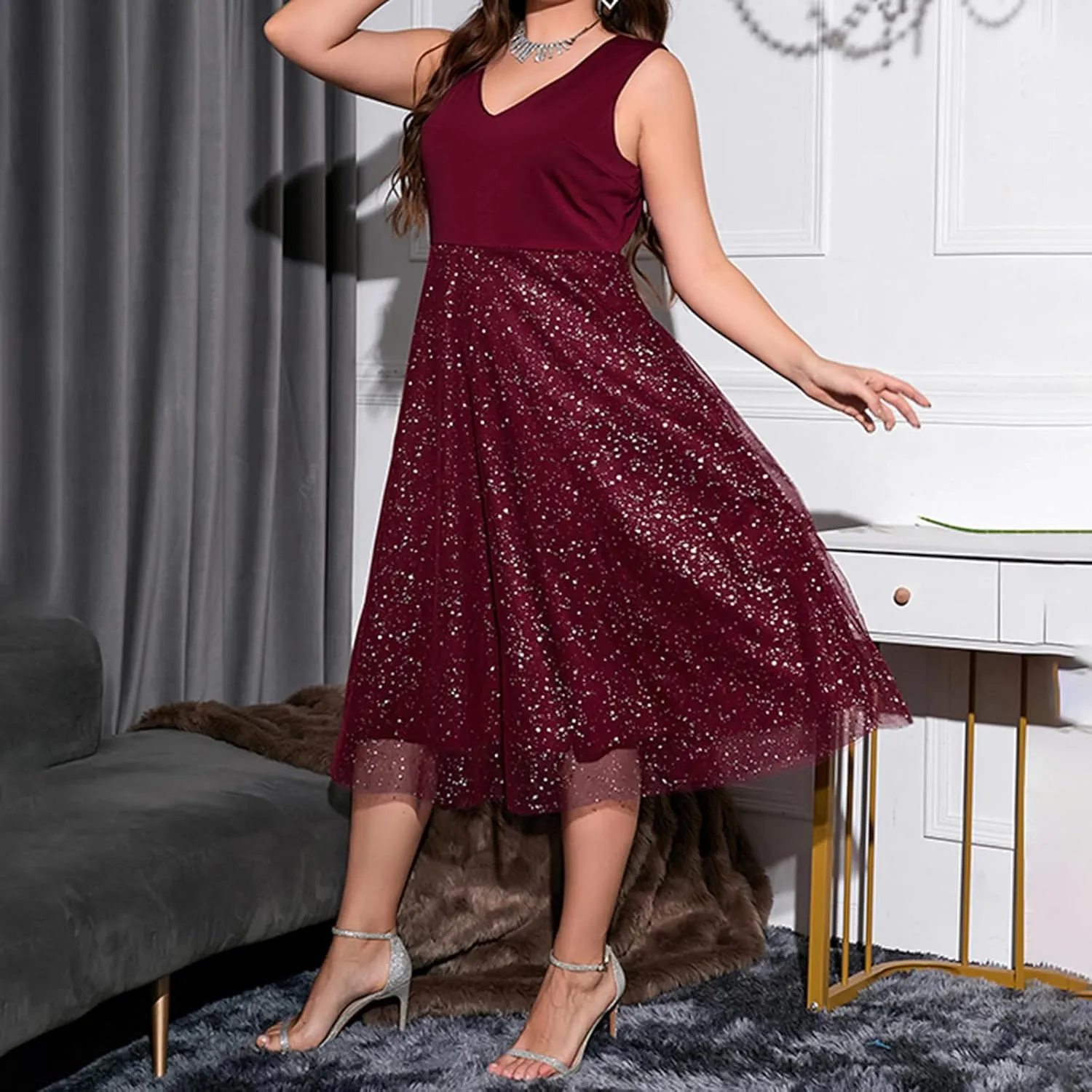 Women Plus Size Dress Sequins V-Neck Sleeveless Midi Dress Summer Fashion Casual Dress