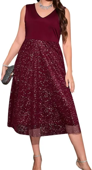 Women Plus Size Dress Sequins V-Neck Sleeveless Midi Dress Summer Fashion Casual Dress