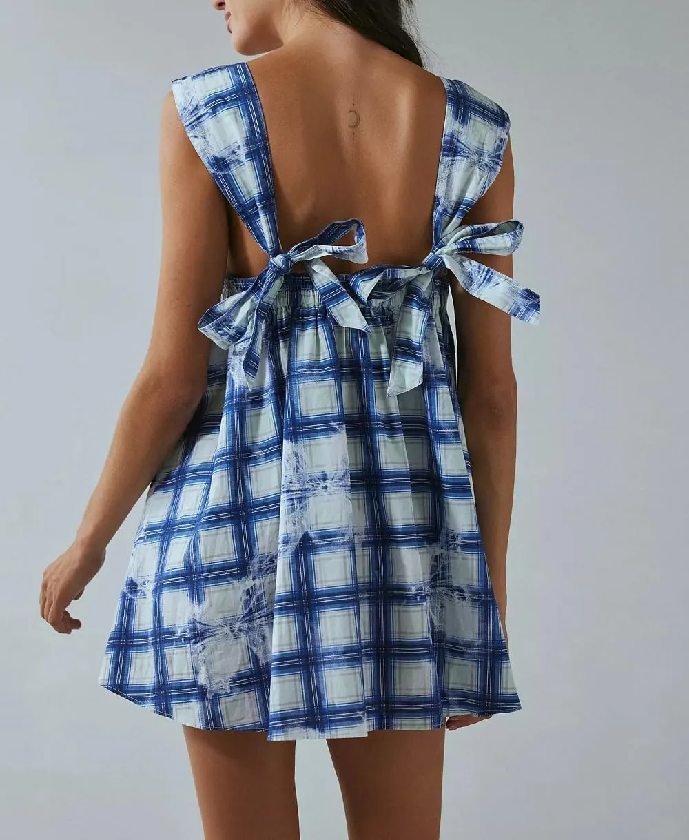 Women Ruffle Trim Babydoll Mini Dress Cute Bow Tie Flowy Sundress Loose Sling Dress Floral Going Out Dresses