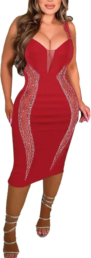 Women Sexy Elegant Sparkly Rhinestone Birthday Cocktail Party Club Night Outfit Prom Dress Evening Dress