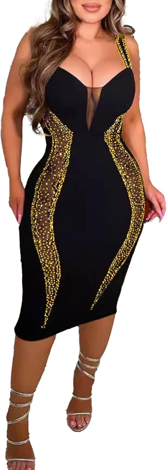 Women Sexy Elegant Sparkly Rhinestone Birthday Cocktail Party Club Night Outfit Prom Dress Evening Dress