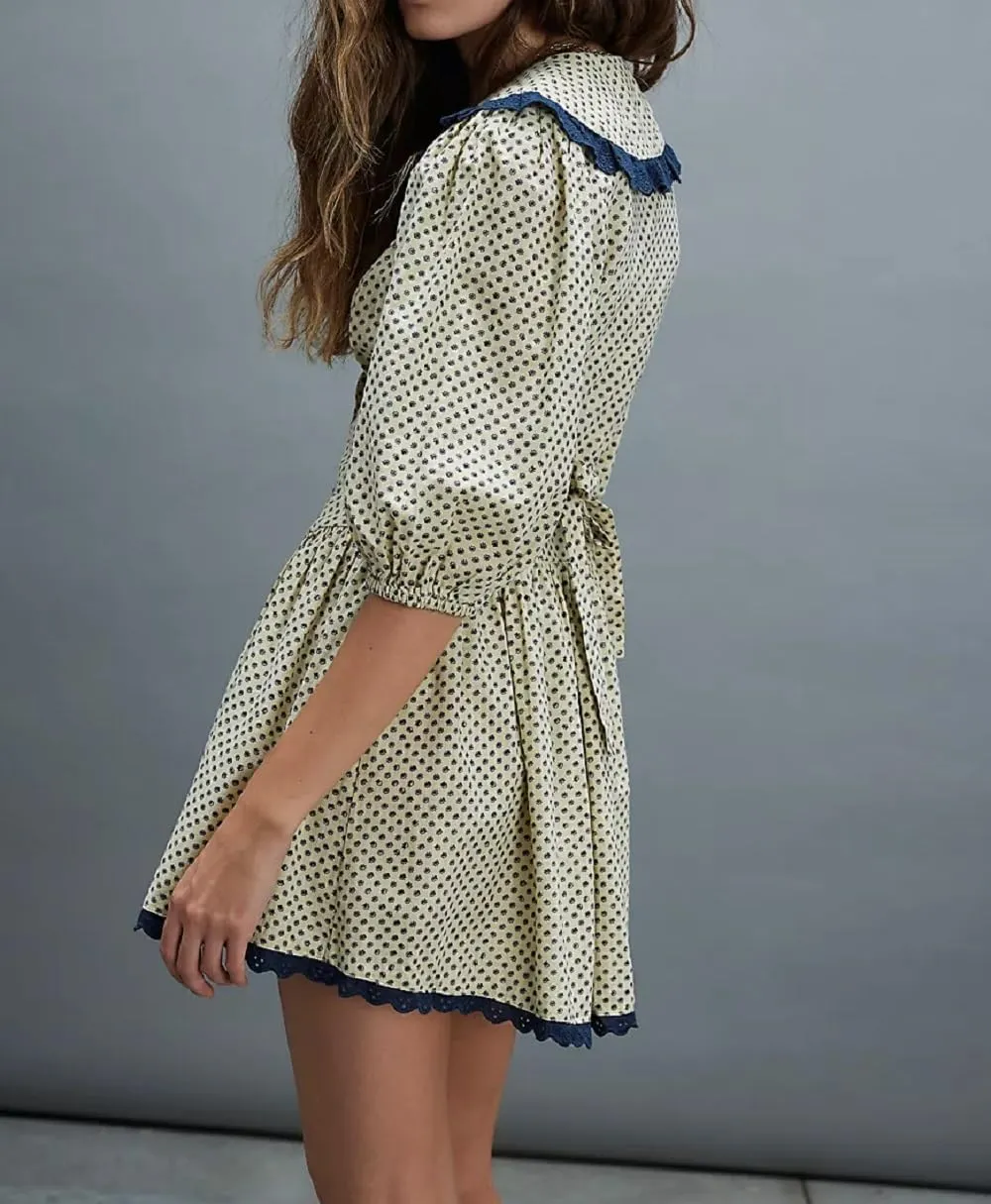 Women Short Puff Sleeve Bustier Dress Lace Trim Ruffle Babydoll Dress Polka Dot Floral A Line Mini Sundress