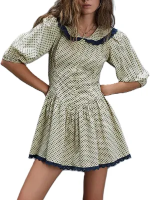 Women Short Puff Sleeve Bustier Dress Lace Trim Ruffle Babydoll Dress Polka Dot Floral A Line Mini Sundress
