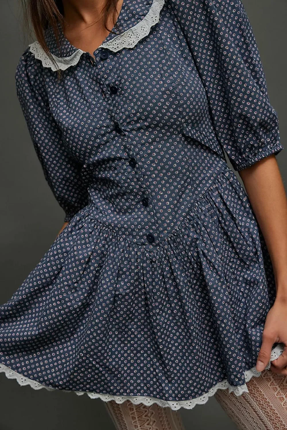 Women Short Puff Sleeve Bustier Dress Lace Trim Ruffle Babydoll Dress Polka Dot Floral A Line Mini Sundress