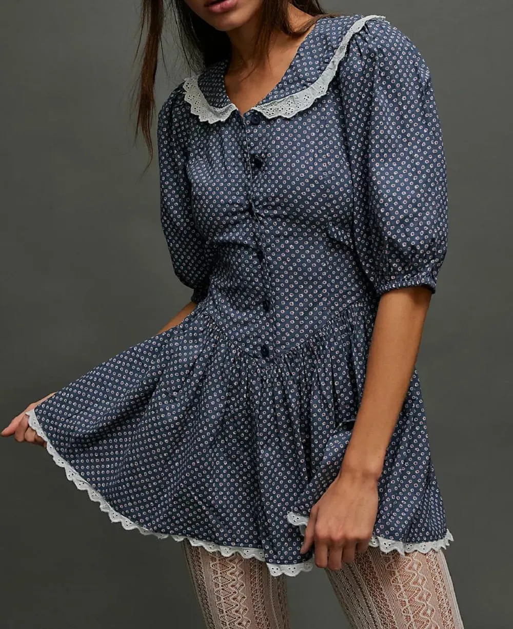 Women Short Puff Sleeve Bustier Dress Lace Trim Ruffle Babydoll Dress Polka Dot Floral A Line Mini Sundress