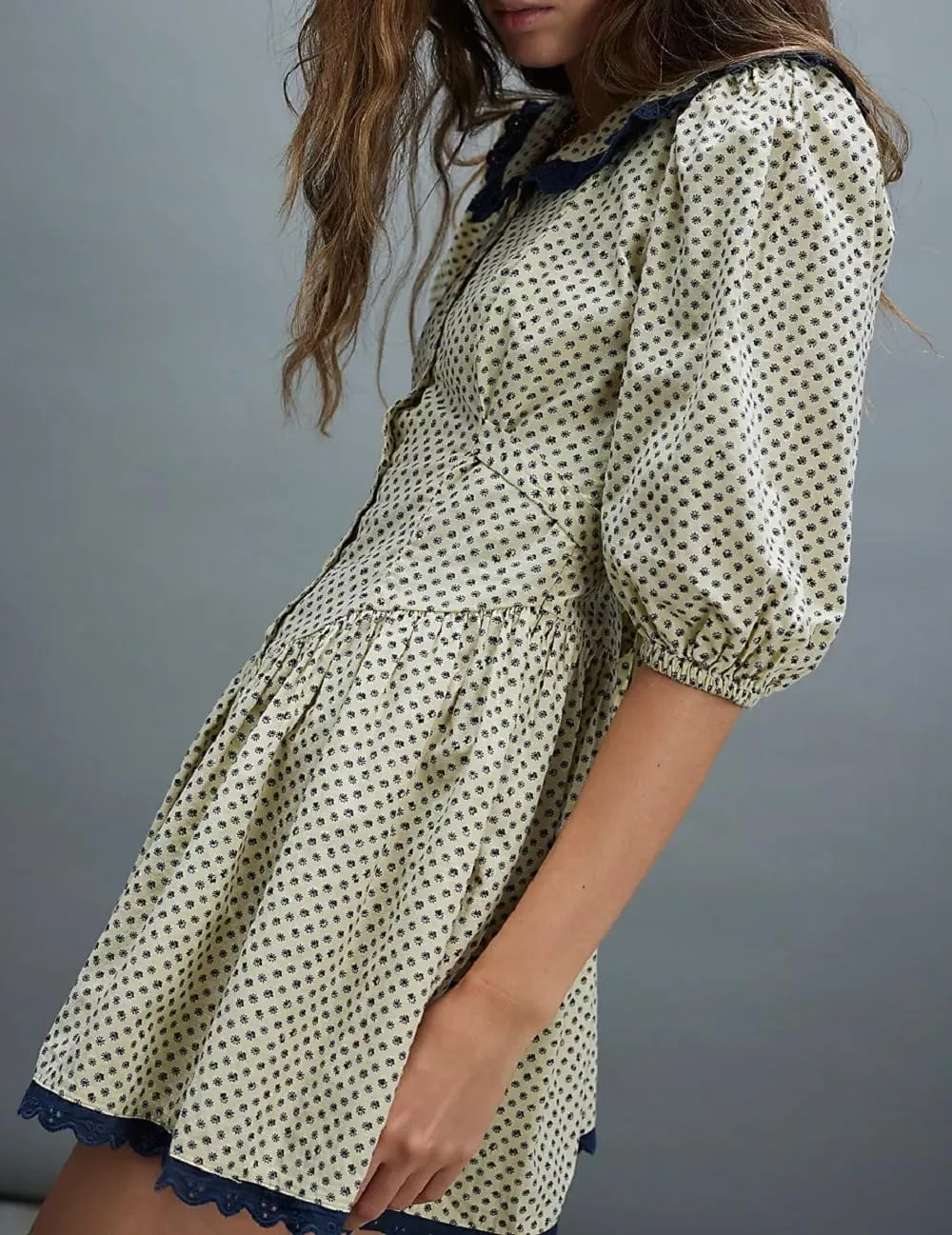 Women Short Puff Sleeve Bustier Dress Lace Trim Ruffle Babydoll Dress Polka Dot Floral A Line Mini Sundress