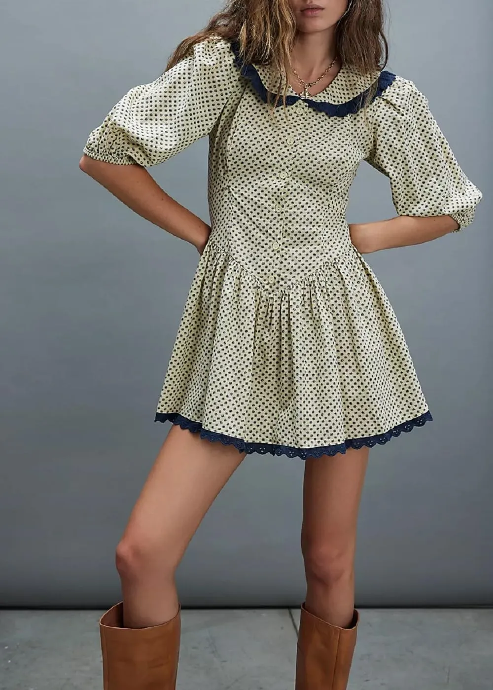 Women Short Puff Sleeve Bustier Dress Lace Trim Ruffle Babydoll Dress Polka Dot Floral A Line Mini Sundress