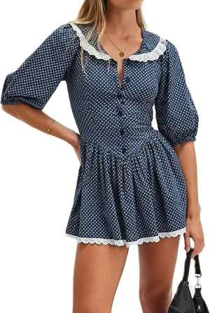 Women Short Puff Sleeve Bustier Dress Lace Trim Ruffle Babydoll Dress Polka Dot Floral A Line Mini Sundress