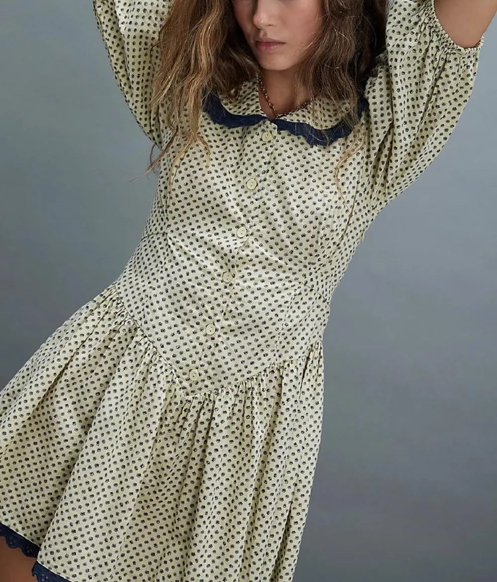 Women Short Puff Sleeve Bustier Dress Lace Trim Ruffle Babydoll Dress Polka Dot Floral A Line Mini Sundress