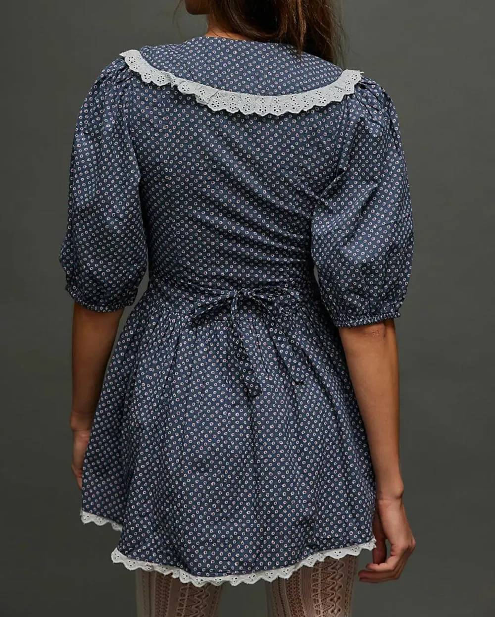 Women Short Puff Sleeve Bustier Dress Lace Trim Ruffle Babydoll Dress Polka Dot Floral A Line Mini Sundress