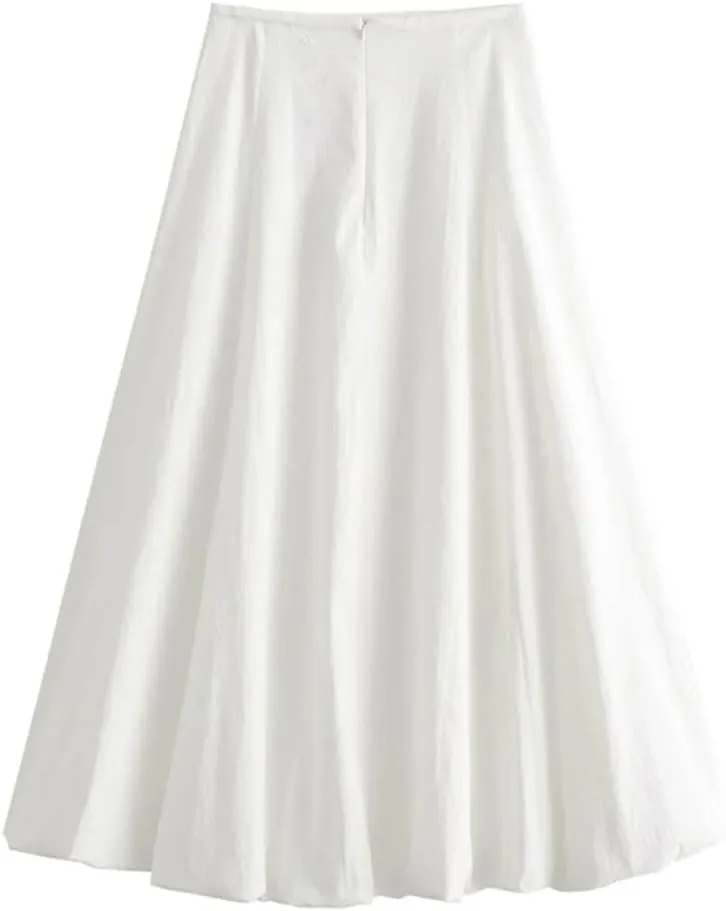 Women Solid A-Line Midi Skirt High Waist Zipper Pleated Casual Office Lady Skirts