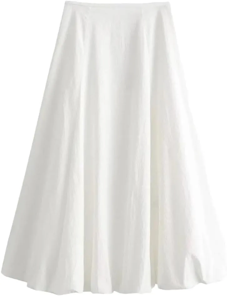 Women Solid A-Line Midi Skirt High Waist Zipper Pleated Casual Office Lady Skirts