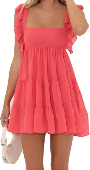 Women Square Neck Mini Ruffle Strap Dresses Sleeveless Tie Back Slim Babydoll Dress Tiered Pleat Flowy Sundress