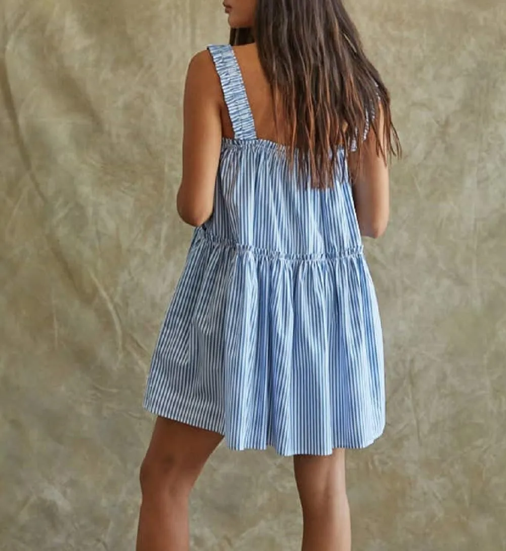 Women Striped Mini Cami Dress Spaghetti Strap Boho Short Dress Tie Shoulder Flowy Sundress Summer Beach Dress