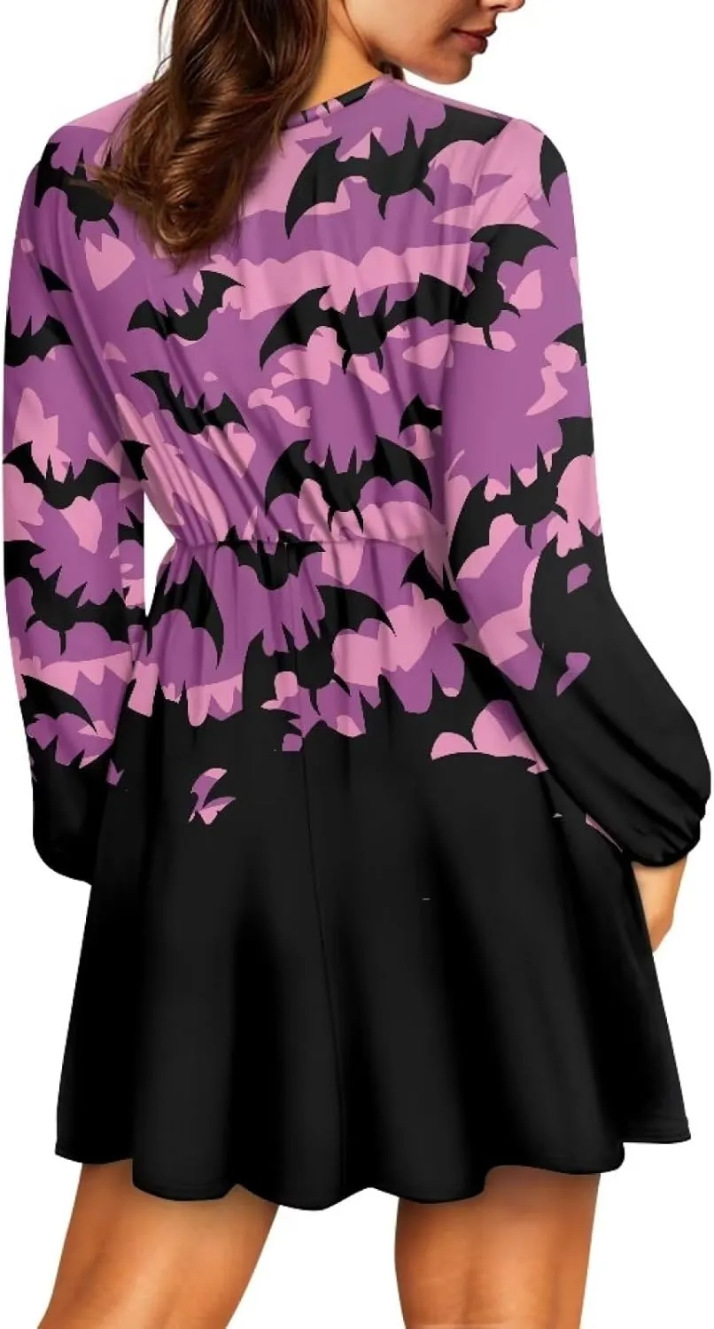 Women Tunic Casual Dress Lantern Long Sleeve V-Neck Loose Waist A-line Short Dress S-2XL