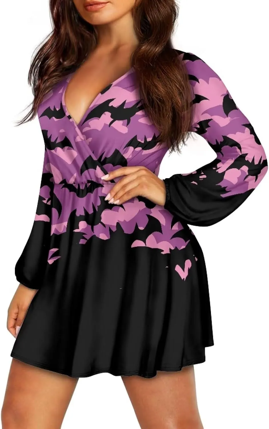 Women Tunic Casual Dress Lantern Long Sleeve V-Neck Loose Waist A-line Short Dress S-2XL