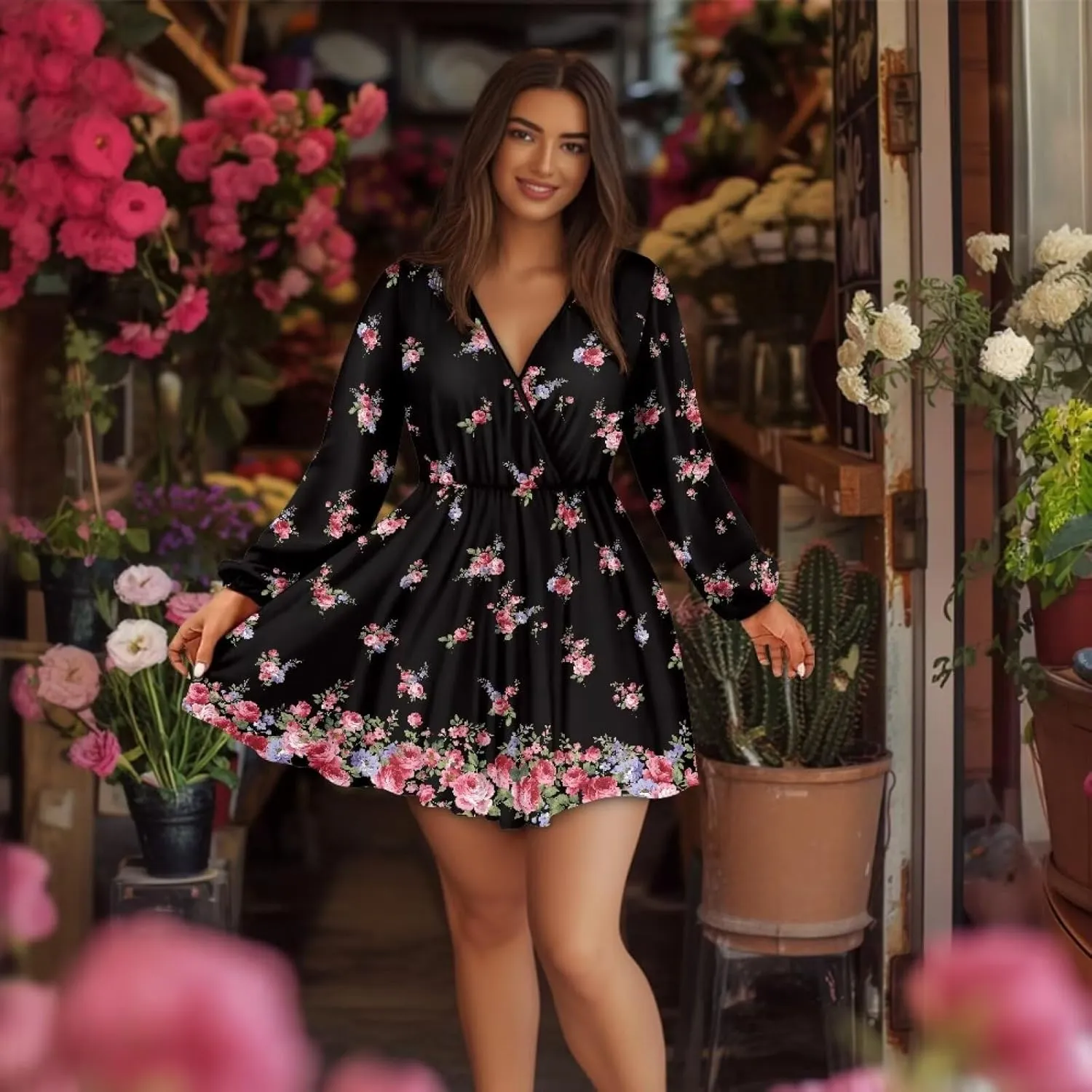 Women Tunic Casual Dress Lantern Long Sleeve V-Neck Loose Waist A-line Short Dress S-2XL