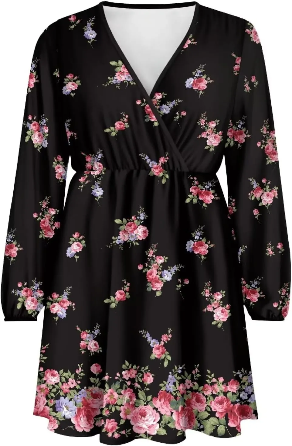 Women Tunic Casual Dress Lantern Long Sleeve V-Neck Loose Waist A-line Short Dress S-2XL