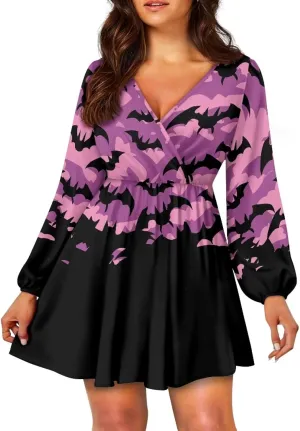 Women Tunic Casual Dress Lantern Long Sleeve V-Neck Loose Waist A-line Short Dress S-2XL