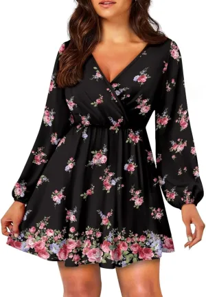Women Tunic Casual Dress Lantern Long Sleeve V-Neck Loose Waist A-line Short Dress S-2XL