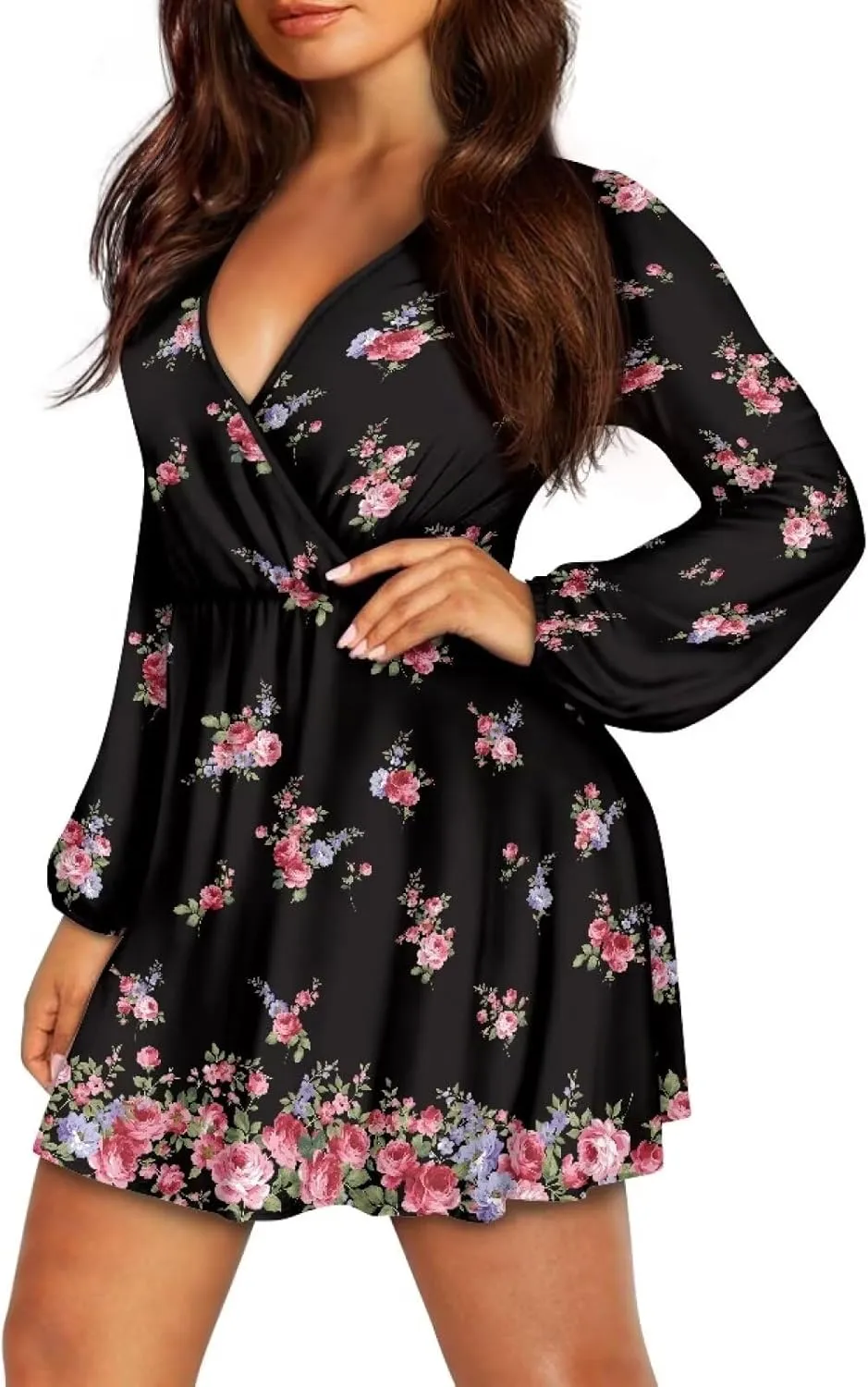 Women Tunic Casual Dress Lantern Long Sleeve V-Neck Loose Waist A-line Short Dress S-2XL