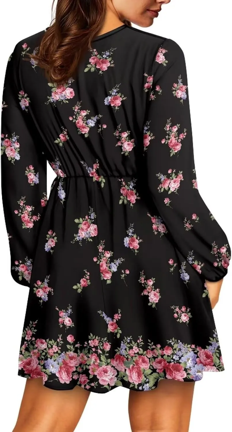 Women Tunic Casual Dress Lantern Long Sleeve V-Neck Loose Waist A-line Short Dress S-2XL