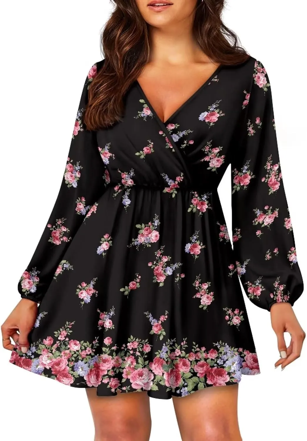 Women Tunic Casual Dress Lantern Long Sleeve V-Neck Loose Waist A-line Short Dress S-2XL