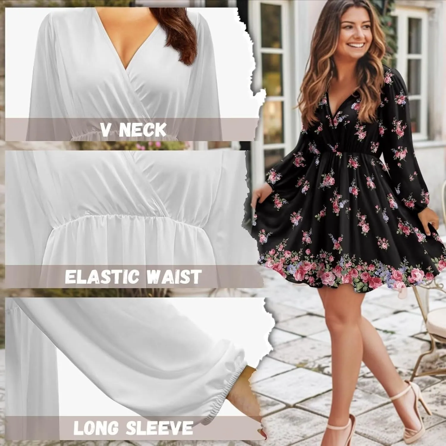 Women Tunic Casual Dress Lantern Long Sleeve V-Neck Loose Waist A-line Short Dress S-2XL