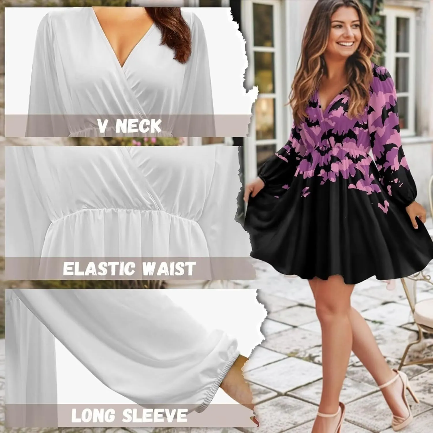 Women Tunic Casual Dress Lantern Long Sleeve V-Neck Loose Waist A-line Short Dress S-2XL