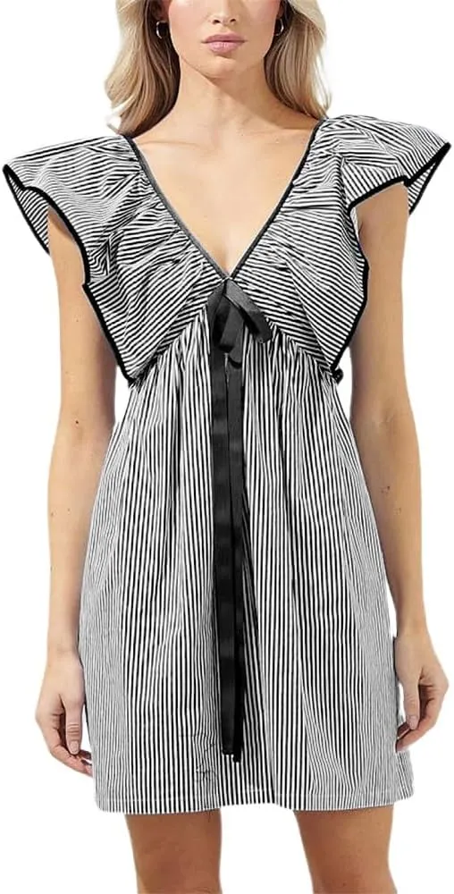 Women V Neck Babydoll Mini Dress Ruffle Boho Floral Flowy Sundress Bow Loose Summer Holiday Going Out Dress