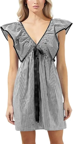 Women V Neck Babydoll Mini Dress Ruffle Boho Floral Flowy Sundress Bow Loose Summer Holiday Going Out Dress