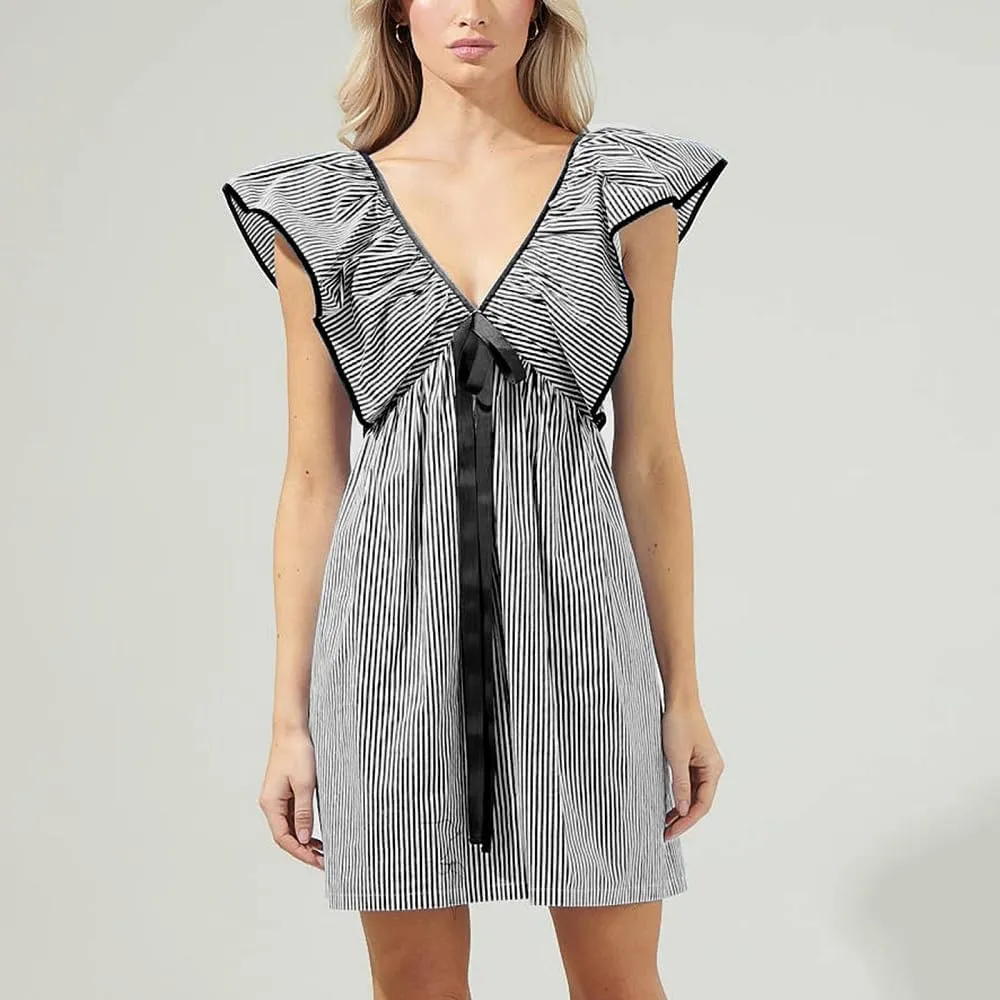 Women V Neck Babydoll Mini Dress Ruffle Boho Floral Flowy Sundress Bow Loose Summer Holiday Going Out Dress