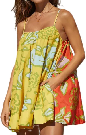 Women Y2K Boho Mini Dress Cute Colorful Spaghetti Strap Short Dress Graffiti Loose Fit Beach Sundress