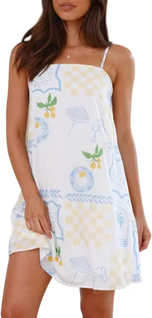 Women Y2K Boho Mini Dress Cute Colorful Spaghetti Strap Short Dress Graffiti Loose Fit Beach Sundress