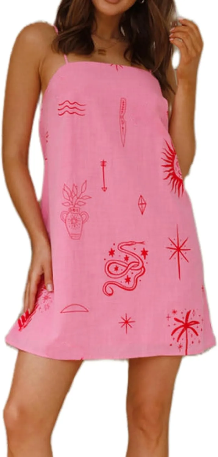 Women Y2K Boho Mini Dress Cute Colorful Spaghetti Strap Short Dress Graffiti Loose Fit Beach Sundress
