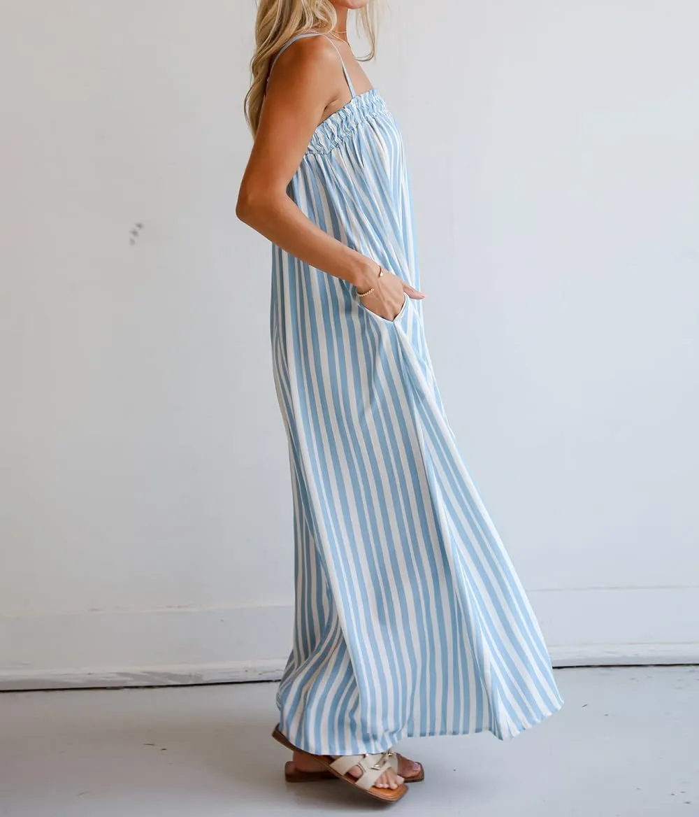 Women Y2K Spaghetti Strap Maxi Dress Boho Flowy Cami Dress Backless Loose Sundress Summer Holiday Beach Dress