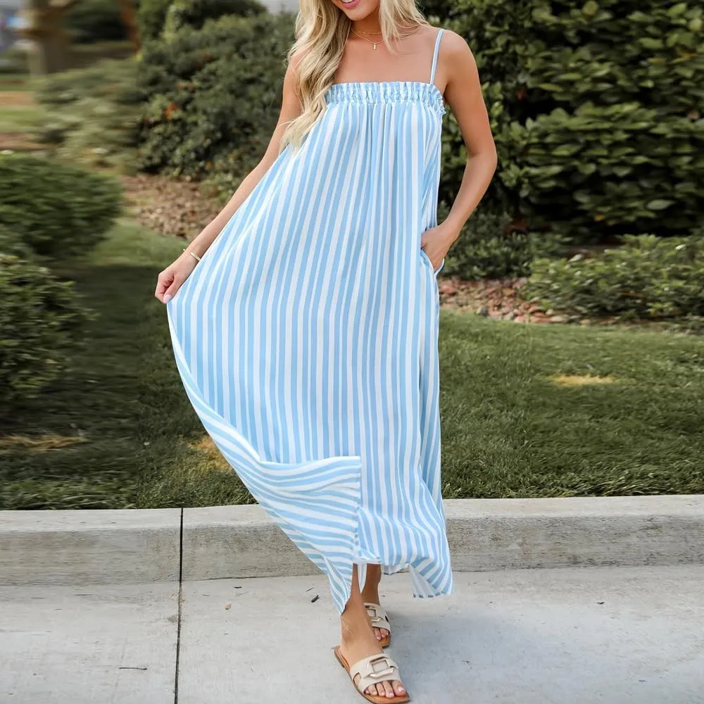 Women Y2K Spaghetti Strap Maxi Dress Boho Flowy Cami Dress Backless Loose Sundress Summer Holiday Beach Dress