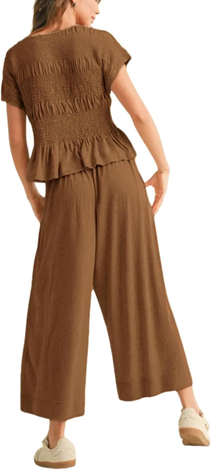 Womens 2 Piece Smocked Top Wide-Leg Pants Set High-Waisted Lounge Outfit with Pockets Casual Boho Matching Set