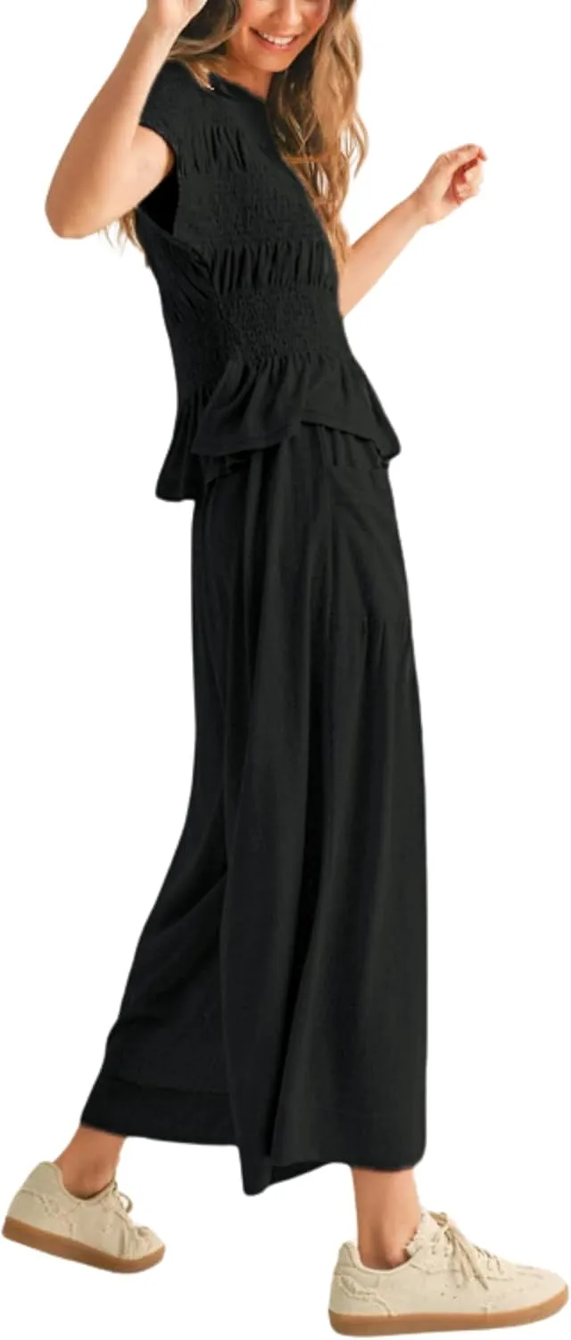 Womens 2 Piece Smocked Top Wide-Leg Pants Set High-Waisted Lounge Outfit with Pockets Casual Boho Matching Set