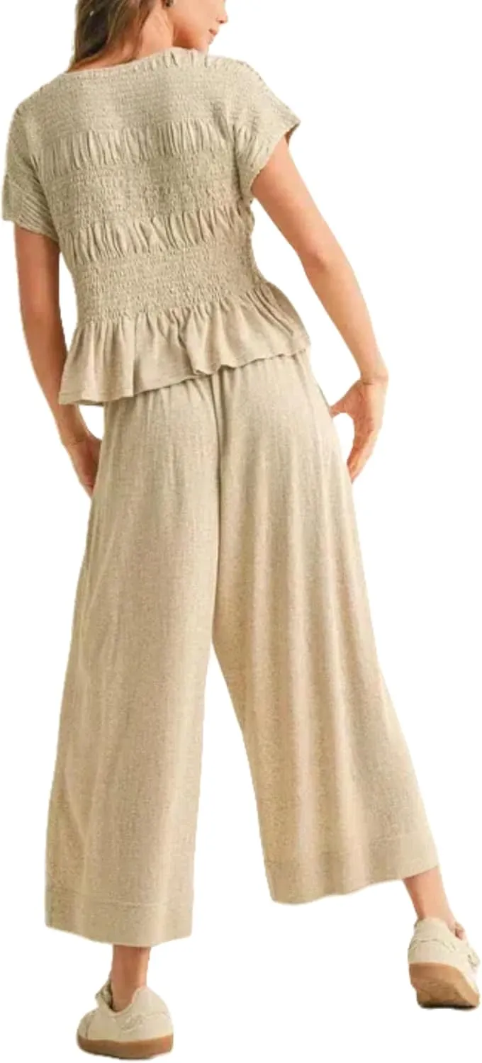 Womens 2 Piece Smocked Top Wide-Leg Pants Set High-Waisted Lounge Outfit with Pockets Casual Boho Matching Set