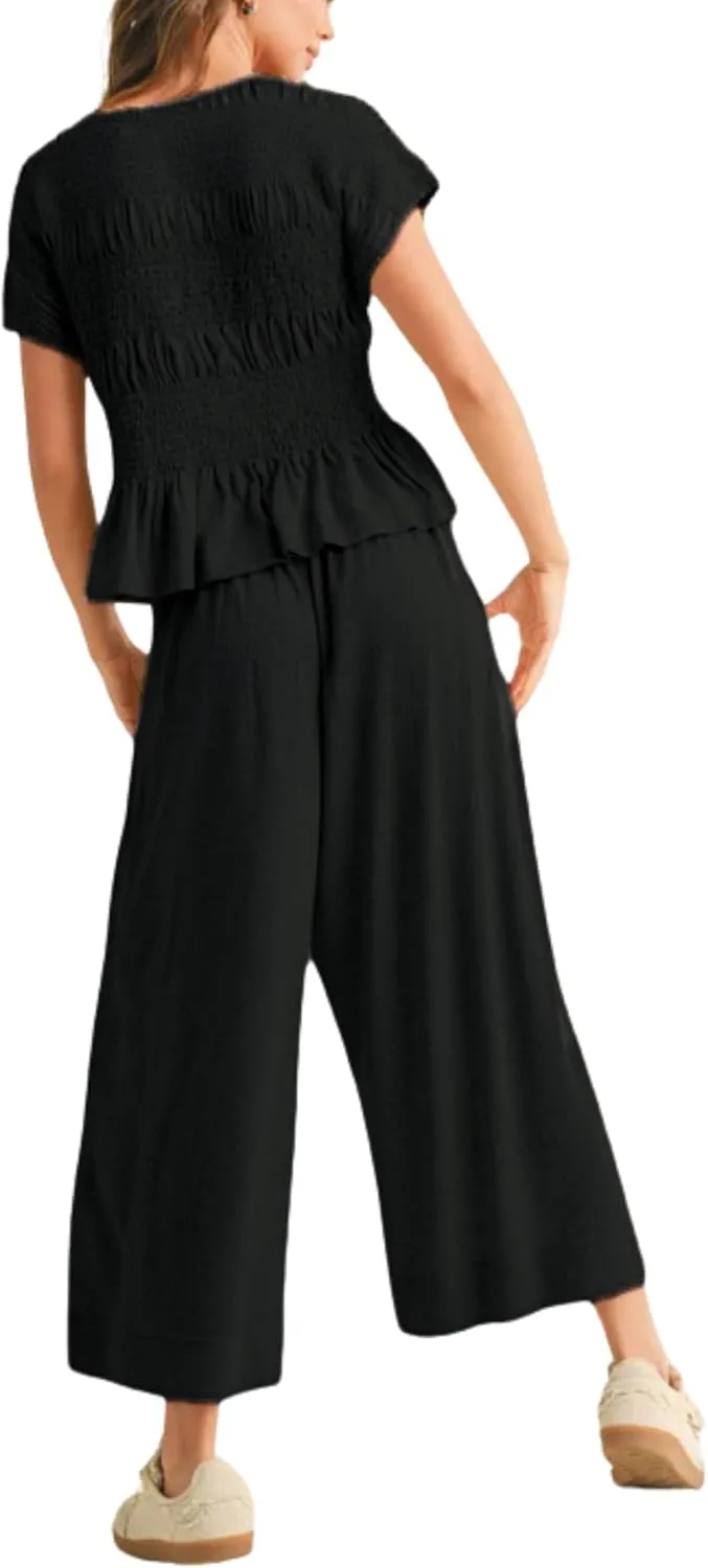 Womens 2 Piece Smocked Top Wide-Leg Pants Set High-Waisted Lounge Outfit with Pockets Casual Boho Matching Set