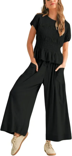Womens 2 Piece Smocked Top Wide-Leg Pants Set High-Waisted Lounge Outfit with Pockets Casual Boho Matching Set