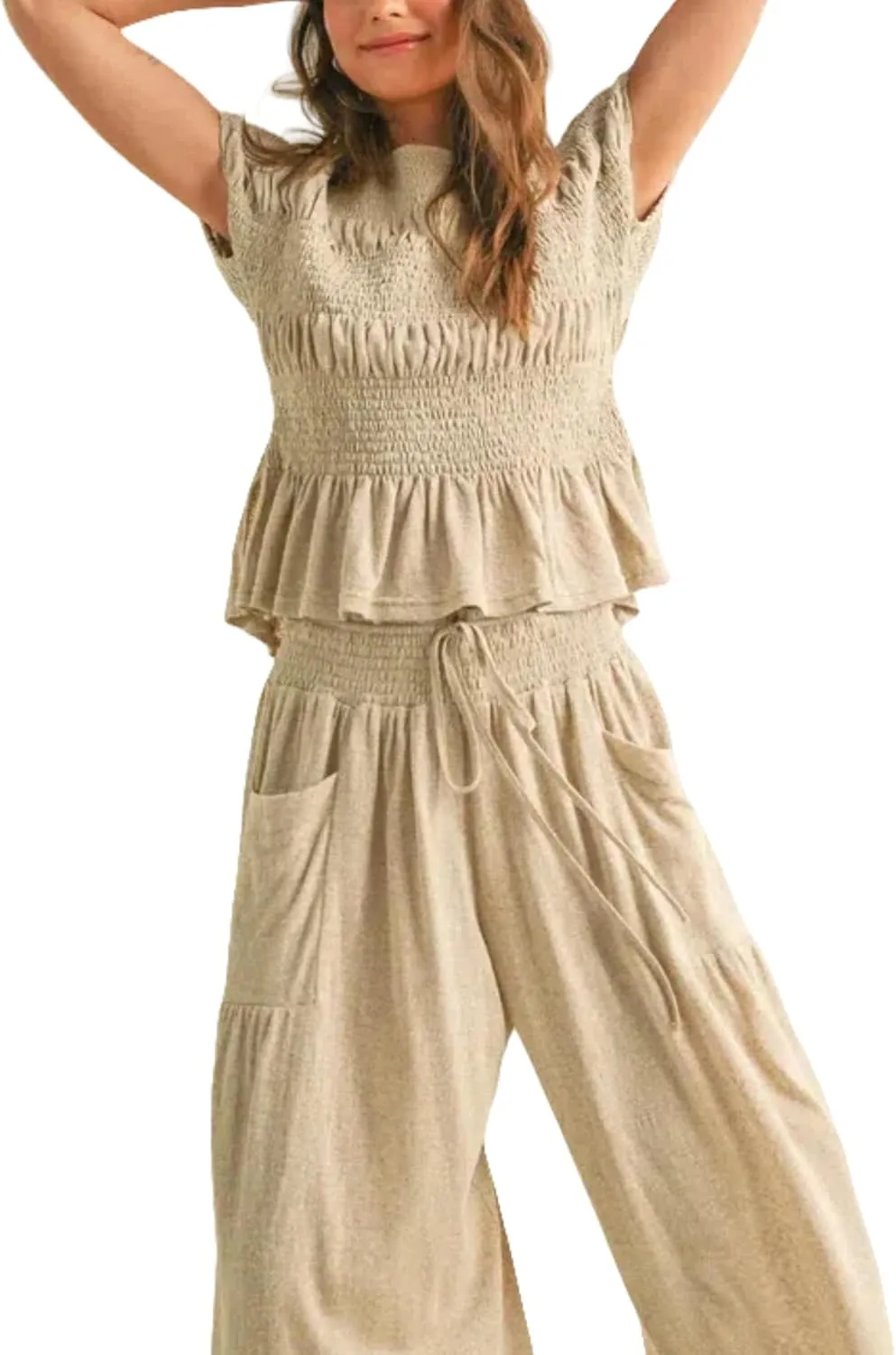 Womens 2 Piece Smocked Top Wide-Leg Pants Set High-Waisted Lounge Outfit with Pockets Casual Boho Matching Set