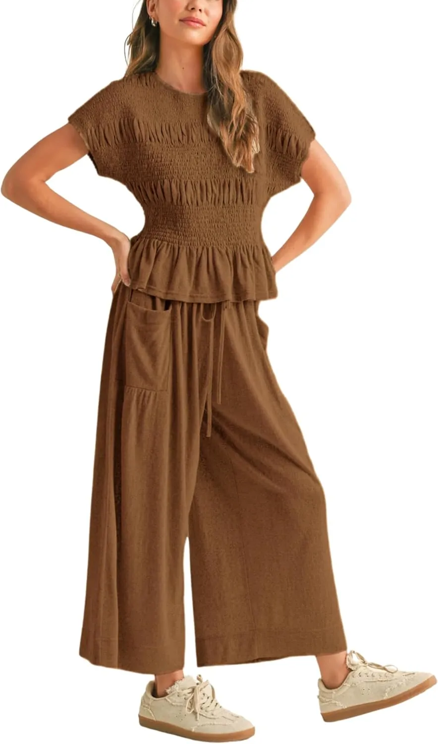 Womens 2 Piece Smocked Top Wide-Leg Pants Set High-Waisted Lounge Outfit with Pockets Casual Boho Matching Set