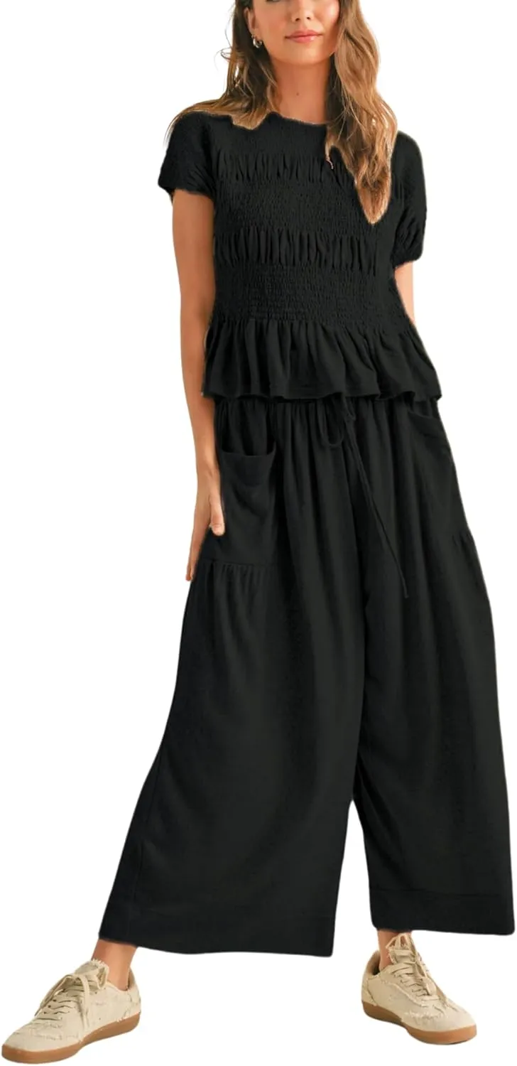 Womens 2 Piece Smocked Top Wide-Leg Pants Set High-Waisted Lounge Outfit with Pockets Casual Boho Matching Set