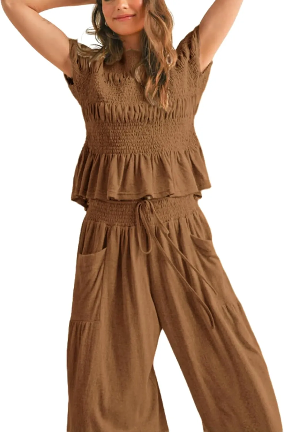 Womens 2 Piece Smocked Top Wide-Leg Pants Set High-Waisted Lounge Outfit with Pockets Casual Boho Matching Set