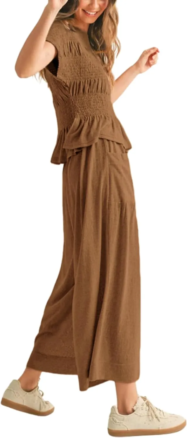 Womens 2 Piece Smocked Top Wide-Leg Pants Set High-Waisted Lounge Outfit with Pockets Casual Boho Matching Set