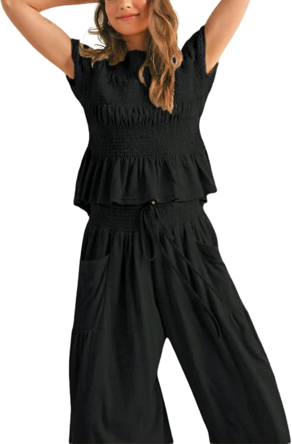 Womens 2 Piece Smocked Top Wide-Leg Pants Set High-Waisted Lounge Outfit with Pockets Casual Boho Matching Set