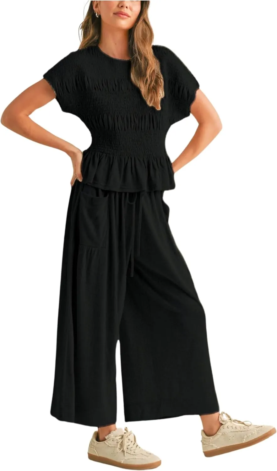 Womens 2 Piece Smocked Top Wide-Leg Pants Set High-Waisted Lounge Outfit with Pockets Casual Boho Matching Set